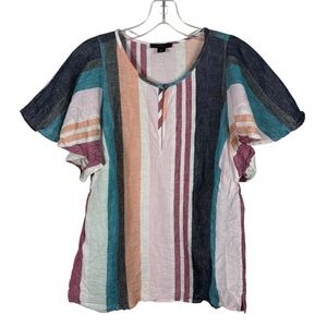 J.Crew 100% Linen Colorful Striped Ruffle Sleeve Blouse Top Breathable Summer 6